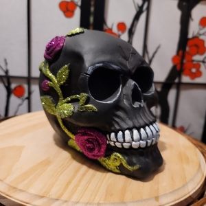BLACK CALVERA FOR DAYS OF THE DEAD W/PURPLE CEMPASUCHIL MAGNOLIAS STATUE